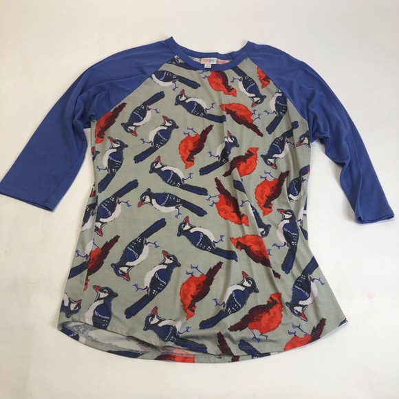 Lularoe Baseball Tee‎ Birds Cardinals Blue Raglan Top Casual Comfy Large - Picture 1 of 8